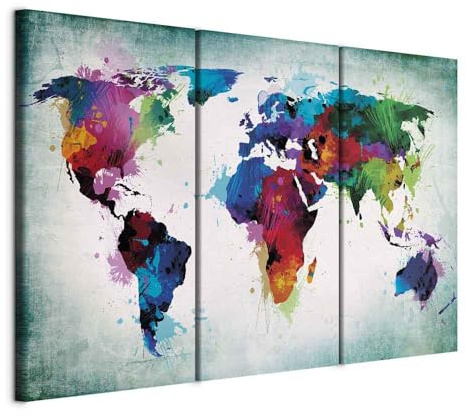 B&D XXL - Wandbilder XXL Weltkarte 60x40 cm Vlies Leinwandbild 3 Teilig Kunstdruck modern Wandbilder XXL Wanddekoration Design Wand Bild - Abstrakt bunt Landkarte Reise k-A-0006-b-h