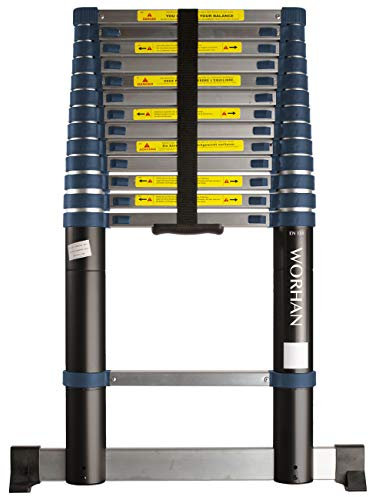WORHAN 4.1m Teleskopleiter mit EINZIEHBARE STABILISATOREN Integrierte Abstandshalterfunktion Aluleiter Alu Teleskop Leiter Multifunktions Leiter 410cm 1K4.1