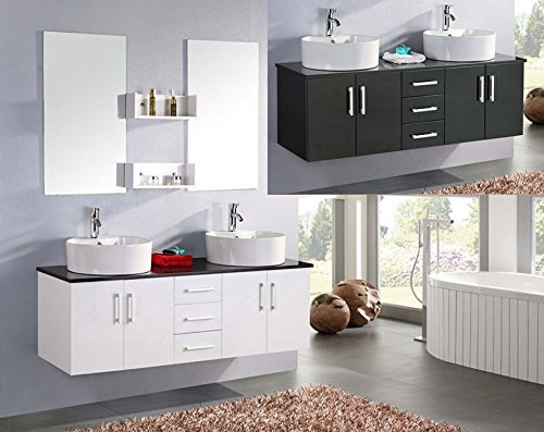 Bagno Italia Mobile Arredo Bagno Diana 150 cm doppio lavabo sospeso smaltato Bianco e Top in Cristallo Nero Mobili I