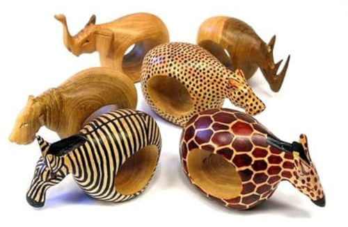 Global Crafts - Mahogany Wood Animal Napkin Rings Set of Six - Handmade Wooden Napkin Rings