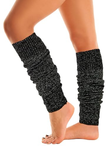 Mysocks Leg Warmers Extra Soft Stylish Fancy Winter 80s Party Dance Glitter Long Legwarmers for Women Girls Ladies Black Speckled Glitter
