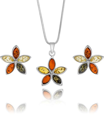 Copal Blumendesign Bernstein Sterling Silber Schmuckset Mit Verstellbarer Kette