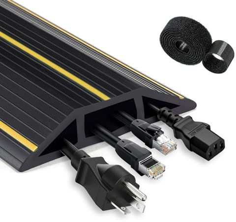 3 Cord Channels Cable Protector, 10 Ft (3 M) Heavy Duty Floor Cable Cover | Cable Floor Protector with Fastening Wire Organizer, Flexible Cuttable Wire Hider Kit for Office, Home, Warehouse, Garage