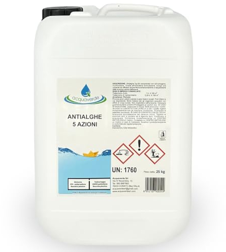 acquaverde | Antialghe 5 Azioni Liquido, Multifunzione non Schiumogeno, Trattamento Acqua di Piscina con effetto Alghicida, Inglobante, Flocculante, Azzurrante e Anticalcare, 25 kg