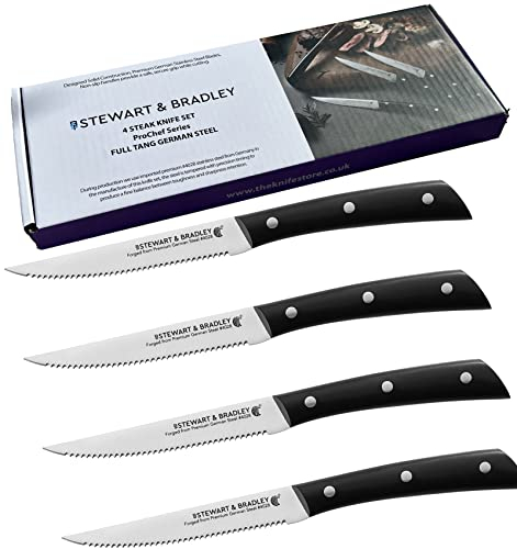STEWART & BRADLEY 4-Piece Steak Knife Set – Premium Full Tang German Stainless Steel Serrated Knives with 5-Inch Blades and Ergonomic Handles – Durable, Razor Sharp Cutlery for Dining & BBQ