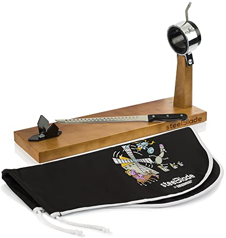 steelBlade - Support à jambon rotatif à 360° en bois laqué + couvre-jambon Kukuxumusu + couteau à jambon 28 cm - Fabriqué en Espagne - 2 positions pour jambon et palettes (011132)