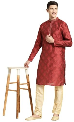 Sojanya (Dal 1958 Uomini Jacquard Seta Self Design Indiano Tradizionale Etnico Abiti Solo Lungo Kurta, Marrone & Oro, X-Large