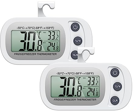 Termómetros para Refrigerador, ORIA 2PCS Termómetro Digital para Congelador con Parte Trasera Magnética y Gancho, Pantalla LCD Grande, Registro Max y Min para Hogar, Cafeterías, Bares - Blanco