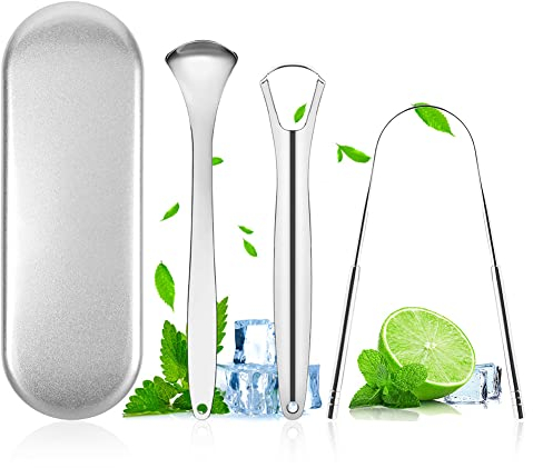 ACWOO Tongue Scraper, 3 Pack Stainless Steel Tongue Cleaners with Travel Case, Tongue Cleaner Tool for Oral Hygiene, Fresh Breath, and Reduce Bad Breath, Reusable Tongue Scrapers for Adults