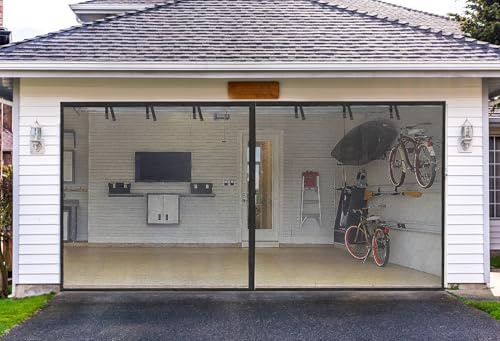 Elytsemoh Garage Screen Doors for 2-Car Garage -16x7FT, Fiberglass 2300g/5.1 Lb Heavy Duty Magnetic Door Screen, Hands-Free with 6 Roll Up Straps for Patio, Outdoor, Gym, Sun House Porch, Black