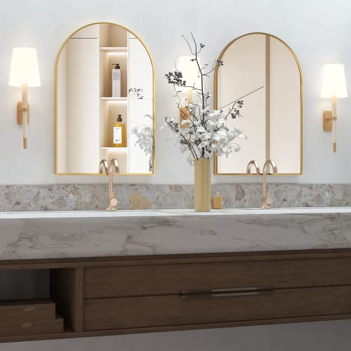 NEUWEABY Wall Mounted Mirror, Arched Wall Mirror for Bathroom, 20x30 Arch Bathroom Mirror with Metal Frame, 2 Piece Gold Vanity Mirror Decor for Bedroom, Entryway, Living Room