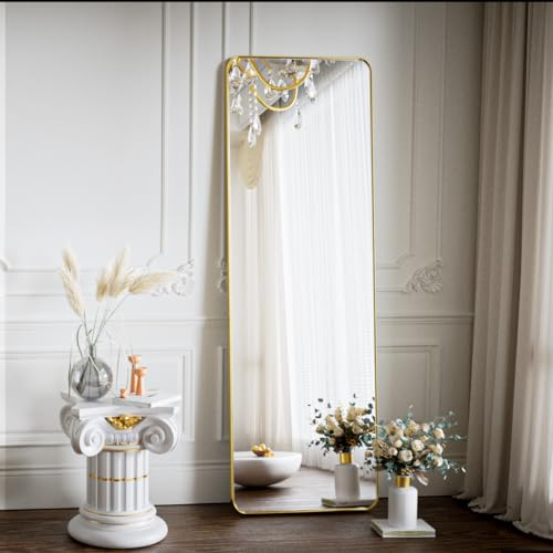 Koonmi Miroir pleine longueur sur pied avec bords arrondis, avec support, miroir mural pour chambre à coucher, salon, Doré, 40 x 150 cm