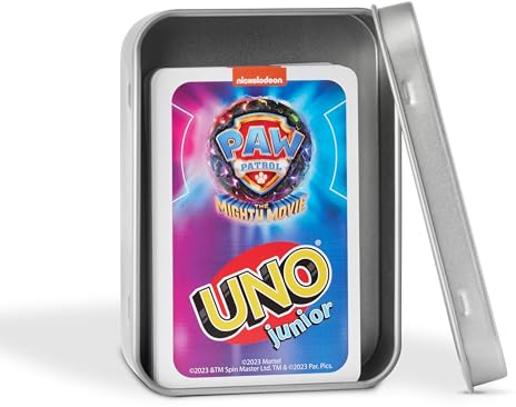 UNO Junior Kartenspiel Neue Edition für Kinder, Kinderspiele geeignet für 2-4 Spieler ab 3 Jahren + Metalldose für Spielesammlung (UNO Junior PAW Patrol)