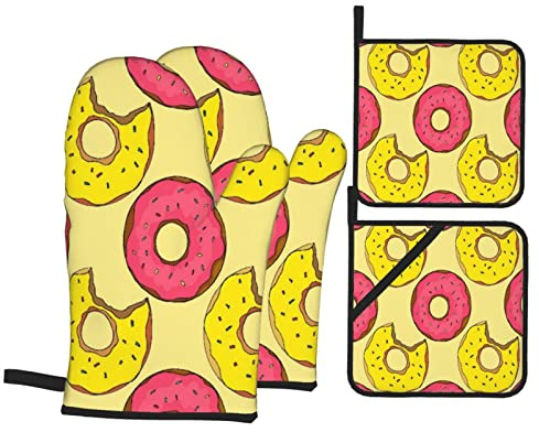 Topflappen Und Topflappen Set Von 4 Donuts, Helle Cartoon Illustration Topfhandschuhe Wasserfeste Doppelschicht Grillhandschuhe, Für BBQ, Grillen