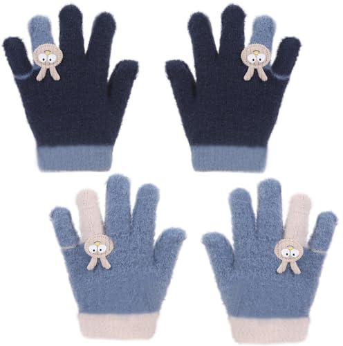 Becellen 2 par stickade handskar för barn, stickade magiska handskar hela fingrar varma elastiska handskar söta för pojkar flickor, Svart, blått, En Storlek