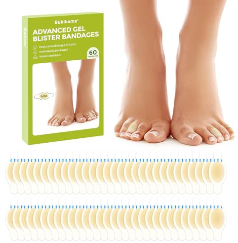 Bukihome Almohadillas para Ampollas, Apósitos Hidrocoloides Contra Rozaduras de Gel de 60 uds, Vendas Hidrocoloides para Dedos del Pie, Protección Contra Rozaduras, Recuperación de Ampollas