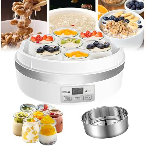 Yogurtera Automática, Yogurtera Totalmente Automática De 1,7 L con 7 Vasos De Vidrio, Función De Temporización, Fácil Limpieza, con Revestimiento De Acero Inoxidable, para Hacer Postres Caseros
