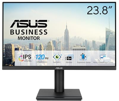 ASUS 24” 1080P Business Monitor (VA249QGS) - IPS, Full HD, Frameless, 120Hz, Adaptive-Sync, 1ms, HDMI, DisplayPort, VGA, Eye Care, Low Blue Light, Ergonomic, VESA Wall Mountable, 3 yr Warranty