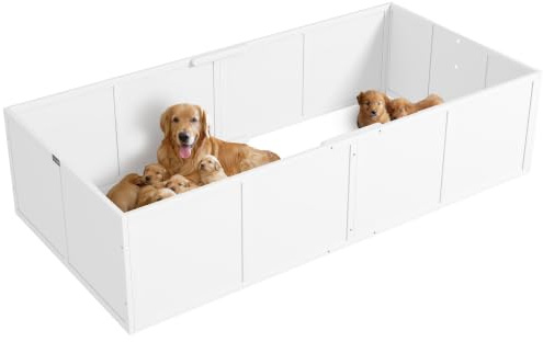 PawHut Wurfkiste für Welpen rutschfest für Große Hunde 196x96x48 cm Weiß | Wurfbox Welpenlaufstall, mit Verstellbarer Tür, Hundelaufstall Welpenauslauf