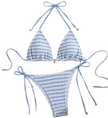 MakeMeChic Women's Striped Triangle Thong Micro Bikini Sets Halter Swimsuits Bathing Suit Striped Blue X-Small