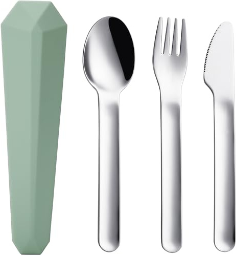 DEVICO Travel Cutlery Set with Case, Portable Picnic Camping Utensils Set for 1, Reusable 18/8 Stainless Steel Fork Spoon Knife for Lunch School Workplace, Dishwasher Safe (Green)