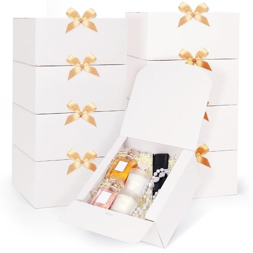 GXFCING 12 Stück Geschenkboxen, 20 x 20 x 10cm Geschenkbox mit Deckel, Große Quadratischer Geschenkkarton mit Gold Satinband für Hochzeit Geburtstag Weihnachten Party Geschenke Verpackung (Weiß)