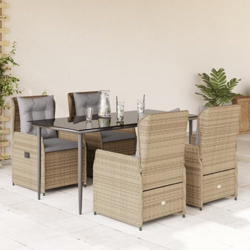 IKAYAA Gartenmöbel Set mit Tisch und 4 Verstellbare Hochlehner Stühlen, Polyrattan Sitzgruppe für 4 Personen, Essgruppe für Garten Terrasse, inkl. Sitzkissen Beige 5-TLG-Type-7