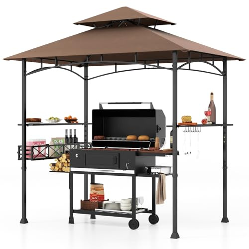 GOPLUS Tonnelle pour Barbecue, Abri Barbecue Extérieur avec Dessus à 2 Niveaux, Crochets, Décapsuleur, Abri pour Barbecue à Dessus Souple, pour Jardin, Cour (242x153x250CM|Brun)