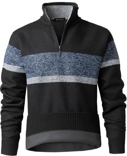Harbrosrce Uomo Maglioni con Zip 1/4 Pullover Striscia Pullover Foderato in Pile Giacca in Maglia Maglione Maniche Lunghe