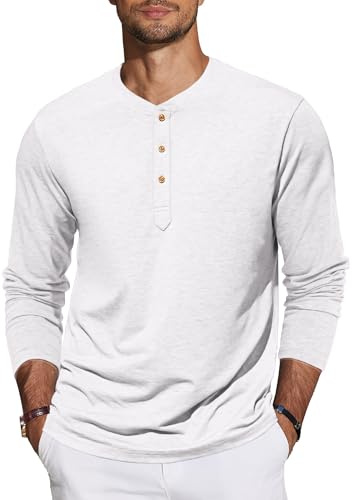 TARAINYA Henley T-shirt à manches longues en coton pour homme avec 3 boutons, C blanc., XL