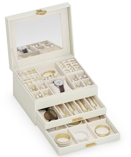 ADEL DREAM Joyero de 6 niveles con botón de trébol, almacenamiento de joyas con bandeja extraíble, organizador de joyas con espejo grande, compartimentos ajustables para manualidades, para madres y