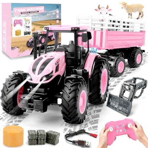 YOOHBERRYS Tractor Teledirigido, 2.4 GHz RC Tractor con Remolque Eléctrico y Luz, 1:24 Vehículo de Granja Juguete Set para Niños de 3 4 5 6 Años