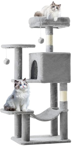 Sweetcrispy Torre de árbol para gatos de 44 pulgadas, torre de escalada para gatos pequeños con condominio, postes rascadores de sisal natural, plataforma extendida, hamaca, casa para mascotas para