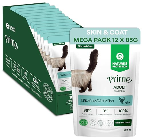 Nature’s Protection Prime Wet Cat Food, Chicken & White Fish 12x 85g | Healthy Skin & Coat Support, Hypoallergenic, Chunks in Gravy, Salmon Oil & Omega-3, Everyday Feeding, Adult Cats, 12 Pouches