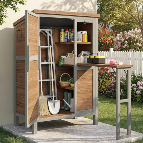 Gartenschrank aus Holz wetterfest – ausklappbare Arbeitsplatte, verstellbare Regalböden & Sicherheitsverschluss – 86x46x160 cm Werkzeugschrank für Garten, Terrasse, Balkon