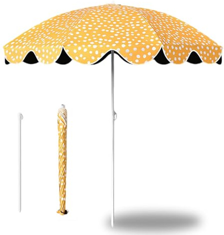YAVYAV Parasol De Plage Vintage 150cm À Pois Jaunes Avec Franges, Protection UV UPF 50+ Imperméable, Hauteur Réglable, Portable Pour Balcon Jardin Terrasse Piscine Camping