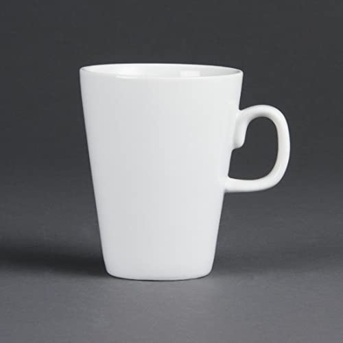 Olympia Whiteware Porcelain Latte Mugs 310ml Pack of 12, White | Chip-resistant rolled edges prevent damage, with an ergonomic handle for comfort. Dishwasher, microwave and freezer safe.