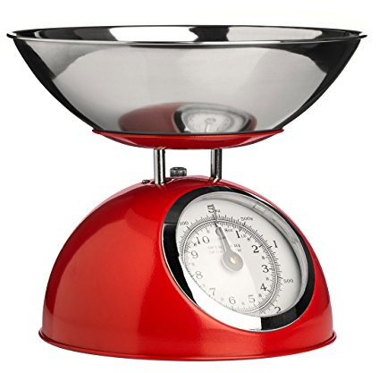 Premier Housewares Retro Kitchen Scales with Bowl Stainless Steel Food Cooking Scales 5kg Food Scales Weighing Kitchen Scale Bowl Red 21x24 x24