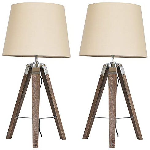 MiniSun | Distressed Wood and Silver Chrome Tripod Table Lamps with Beige Tapered Light Shades | Table Lamps, Home Décor & Improvement Essential | Set of 2 | Includes Bulb [3000K Warm White]