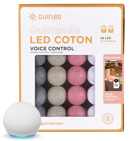 GuirLED - LED Baumwollkugeln Lichterkette USB - Sprachsteuerung - Connected Home - Amazon Alexa & Google Assistant - 2xUSB-Netzadapter enthalten - 24 Kugeln 2,4m - Églantine