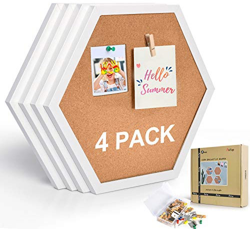 AKTOP Cork Bulletin Board Hexagon 4 Pack, Decorative Pin Board for Wall