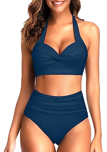 Tempt Me Women's Vintage Swimsuits Indigo Blue Retro Halter Ruched High Waist Bikini with Bottom M