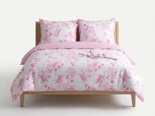 LERUUM Housse Couette 200x200 Coton Fleuri & Rayé Parure de Lit 200x200 Rose Ultra Douce - Jeu de Housse de Couette (2 Taies d’Oreiller 65x65)