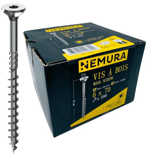 Nemura Lot de 200 Vis à Bois 6 x 70 mm - en Acier Zingué à Tête Fraisée - vis à bois Torx - Visses Spéciales pour Bois et Aggloméré- Haute Qualité Durable - Marque Francaise