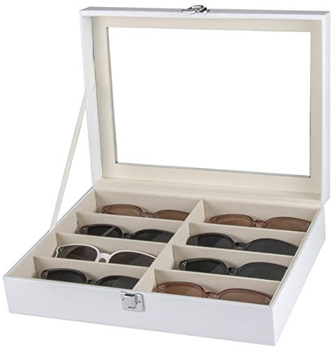 Brillenbox Brillen Display Brillenkoffer, Weiß PU-Leder 8 Slots Brillen Sunglass-Aufbewahrungsbehälter-Halter ein Top-Gläser Vitrine Abschließbare Brillen Organizer Collector Brillenaufbewahrung Sonne