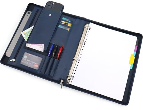 Konferenzmappe A4 Leder,Schreibmappe a4 reißverschluss,dokumentenmappe a4 leder ringbuch, Arbeitsmappe aus Leder, Geschenk für ihn (Blau)