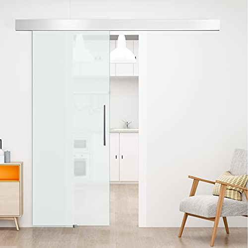 HOMCOM Porte coulissante en verre Porte de chambre avec poignée simple face satinée 90 x 205 cm