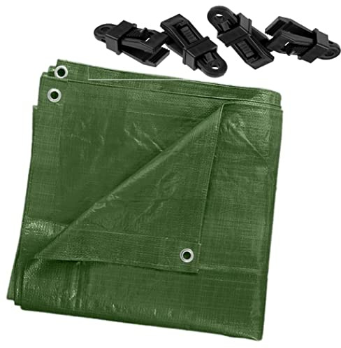 3 x 5 m Tarpaulin Waterproof Heavy Duty Cover Camping Ground Sheet Caravan Furniture Multipurpose + 4 Tarp Clips (Green – 90 GSM)