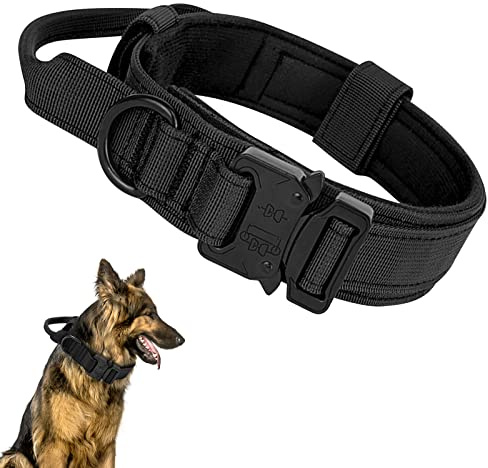 Ledeak Taktiska hundhalsband, justerbart nylonhalsband med metallspänne, taktiskt slitage utomhus taktiskt halsband med kontrollhandtag för medelstora hundar (XL, svart)