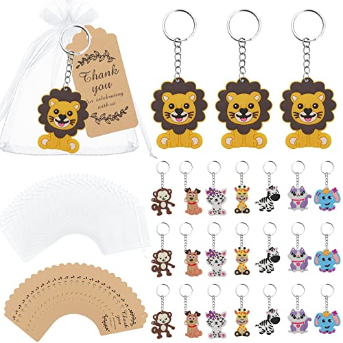Llaveros con Dibujos Animados Set de 24 Llevaros Colgantes de Animales de Selva con 24 Tarjetas y Bolsas Blanca Regalo para Niñas Niños, Navidad Fiesta Bodas Comunión Invitados Baby Shower 8 Estilos